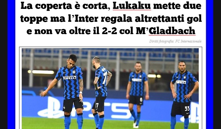 La coperta è corta, Lukaku mette due toppe ma l’Inter regala altrettanti gol e non va oltre il 2-2 col M’Gladbach